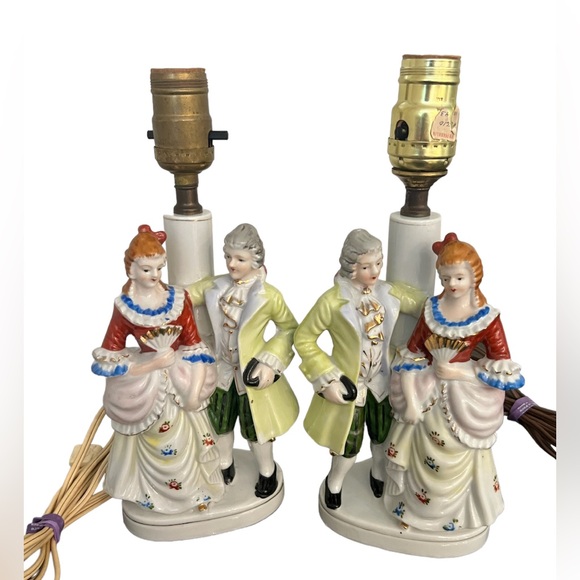 Two Andrea Victorian Couple Porcelain Table Lamps Hand Painted Japan Vintage - Picture 1 of 16